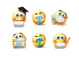 Back to school emoji covid-19 guidelines vector set. Emoticon 3d student characters in covid safety measure for educational pandemic prevention emojis collection design. Vector illustration
