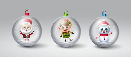 Conjunto de vector de bola de cristal de Navidad. personajes navideños como santa claus, renos, elfos y muñeco de nieve en elemento de globo de nieve para el diseño de decoración colgante navideña. ilustración vectorial.