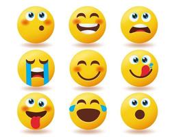 Emoji emoticon vector set. Emoticons character happy, thinking and crying isolated in white background for emoji yellow face characters collection design. Vector illustration.