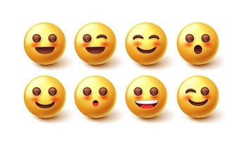 emoji rubor conjunto de vectores de emoticonos. Emoticonos 3D en personajes de emoticonos de cara guiñando un ojo, ruborizándose y sonriendo para el diseño de expresiones faciales de emojis lindos. ilustración vectorial.