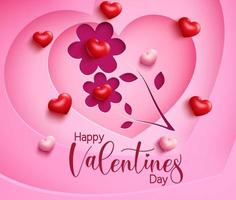 Valentines flower vector background design. Happy valentine's day text with paper cut flowers shape and 3d heart element for sweet and cute valentine greeting design. Vector illustration