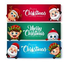 Christmas characters vector banner set. Merry christmas greeting text with santa claus, reindeer, elf and snow man character for xmas holiday card design. Vector illustration.