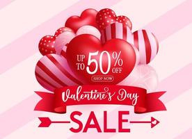 Diseño de banner de vector de venta de San Valentín. Texto de venta del día de San Valentín con elemento de corazón 3d para publicidad de descuento promocional de San Valentín. ilustración vectorial