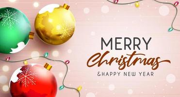 Merry christmas greeting vector background design. Merry christmas text with balls, leaves and lights xmas decoration elements for holiday season celebration card. Vector illustration.