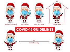 Santa claus character vector set. Christmas santa collection wearing face mask for covid-19 guidelines campaign for new normal xmas elements design. Vector illustration.