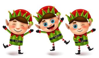 Elfs christmas characters vector set. Elf cute character in fun and joyful facial expression with jumping pose and gesture for xmas little kids collection element design. Vector illustration.