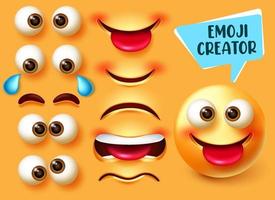 conjunto de vectores de creador de emoji. Kit de personajes de emoticonos 3D con partes de la cara editables como ojos y boca para un diseño de expresión facial de emojis felices y divertidos. ilustración vectorial