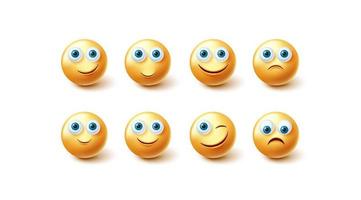 Emoji face vector set. Yellow emoticons collection happy, sad and winking facial expression isolated in white background for graphic design elements. Vector illustration.