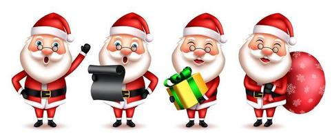 Navidad santa conjunto de vectores de caracteres. santa claus personajes navideños en 3d con pose de pie y saludando con elementos de regalo, carta y saco para la colección de diseño de felices fiestas. ilustración vectorial.