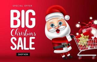 Christmas sale vector banner design. Merry christmas with big discount special offer text with santa claus character for xmas holiday clearance sale. Vector illustration.