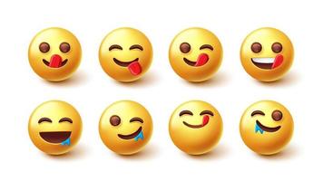 emojis cara deliciosa conjunto de vectores de caracteres. emoji 3d en lamiendo y haciendo agua la boca para la colección de diseño de reacción facial de emoticones hambrientos, deliciosos y sabrosos. ilustración vectorial.