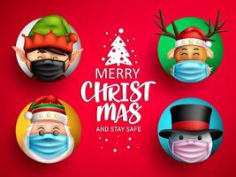 Christmas greeting characters vector design. Merry christmas and stay safe text with happy character wearing face mask for xmas celebration card. Vector illustration.