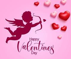 Valentine's cupid vector background design. Happy valentine's day text with cupid character paper cut and 3d hearts shape for romantic valentine greeting card design. Vector illustration