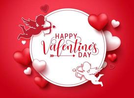 plantilla de vector de San Valentín. Feliz día de San Valentín tipografía en el espacio del círculo blanco para texto y mensajes con elementos de San Valentín de Cupido y corazón en fondo rojo. ilustración vectorial.