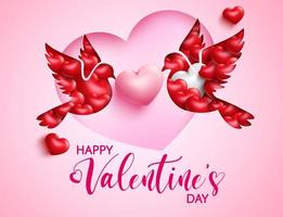 Valentine's dove vector background design. Happy valentine's day text with couple doves paper cut and 3d hearts for romantic valentine lovers greeting design. Vector illustration
