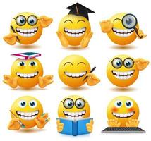 Emoji school student emoticons vector set. Emoticon emojis in happy and jolly expression with educational pose and gestures like studying, painting and reading for students characters collection.