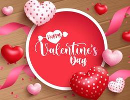 concepto de fondo de vector de día de San Valentín. texto de feliz día de san valentín en el espacio de marco de círculo vacío con corazón 3d y lazo para el diseño romántico del saludo del día de san valentín. ilustración vectorial