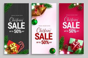 Christmas sale vector poster set. Christmas sale holiday offer text with promo discount for xmas seasonal shopping advertisement banner collection. Vector illustration.