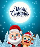 Christmas characters vector design. Merry christmas text with santa claus and reindeer character in winter snow background for xmas holiday season decoration. Vector illustration.