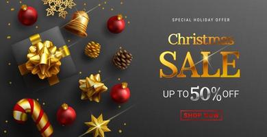 Christmas sale vector banner design. Christmas sale in elegant golden text with discount for xmas seasonal shopping  promotion ads. Vector illustration.