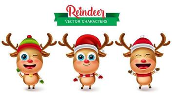 Conjunto de vector de Navidad de personaje de reno. personajes de renos en expresiones faciales lindas como divertidos, felices y amigables para el diseño de elementos de colección de vacaciones de animales en 3D. ilustración vectorial.