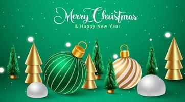 Christmas vector background design. Merry christmas greeting text with xmas ornament like balls, trees and cone element for minimal holiday season background. Vector illustration