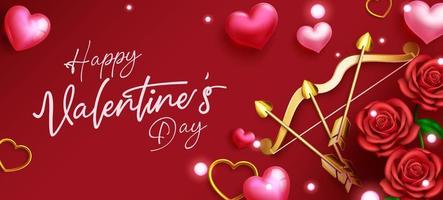 Happy valentines vector background design. Happy valentine's day typography text with romantic red roses and cupid's bow and arrow elements for elegant valentine decoration. Vector illustration.