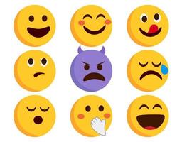 conjunto de vectores de caracteres de emoticonos emoji. emoticonos emojis planos con personajes sonrientes, diabólicos y llorando aislados en fondo blanco para la colección de expresiones faciales. ilustración vectorial.