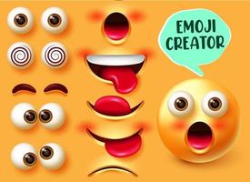 conjunto de vectores de creador de emoji. Kit de personajes emojis 3d en expresiones faciales de sorpresa con elementos faciales editables como ojos y boca para el diseño de la cara de emoticonos. ilustración vectorial