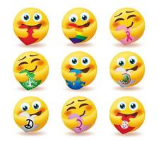 conjunto de vectores de emoticonos de cuidado emoji. Los personajes de emoticonos en abrazo posan con elementos del corazón del mundo, la paz y la naturaleza para el diseño de la colección de personajes cariñosos de emojis. ilustración vectorial.