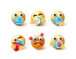 Covid-19 emoji vector set. Emojis 3d characters with happy, care and vaccinated facial expression for pandemic prevention campaign avatar collection design. Vector illustration