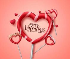 Valentine heart candies vector concept. Happy valentines day greeting text in valentines hearts shape candy lollipop element with sweet toppings decoration in red background. Vector illustration.