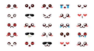 Emojis kawaii character vector set. Emoticon cute chibi emoji cartoon in happy kawaii face reaction collection isolated in white background for facial expression doodle art design.