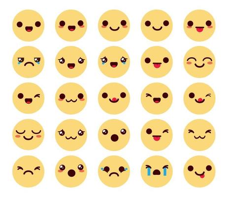 Emojis chibi characters vector set. Emoticon kawaii emoji ...