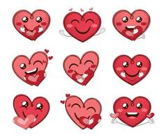 conjunto de vectores de emoticonos de cuidado emoji. emojis valentines corazón personajes con expresiones faciales enamoradas y gestos con las manos cariñosos para corazones diseño de colección de amor de personaje. ilustración vectorial.