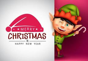 Christmas elf vector template design. Merry christmas greeting text in white empty space with cute and friendly elf kid character for xmas holiday celebration. Vector illustration.