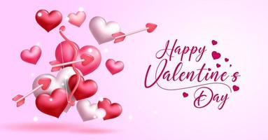 Happy valentines greeting vector design. Happy valentine's day typography text with cupid's bow and arrow element in cute hearts background for valentine decoration. Vector illustration.