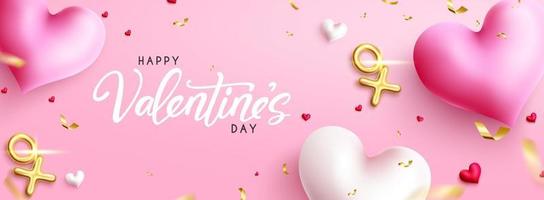 Valentine's day vector background design. Happy valentines day text with elegant confetti and hearts element in pink space for greeting messages and banner. Vector illustration.