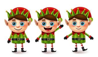 Elf christmas character vector set. Elfs xmas characters in standing pose and gesture with friendly facial expression for cute 3d little kid collection element design. Vector illustration.