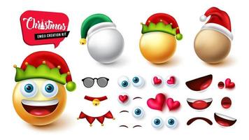 Emoji elf creator kit vector set. Emojis christmas 3d face creation of elf, snowman and santa with editable facial reaction for xmas character expression creation design. Vector illustration.