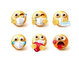 Emoji covid-19 vector set. Emoticon character in 3d with face mask, vaccine and thermometer elements for pandemic safety emoticons collection design. Vector illustration