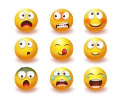 emoticon emoji vector set. icono amarillo de emojis en 3d con expresiones faciales enojadas, riendo y llorando aisladas en fondo blanco para el diseño de la colección de personajes de emoticonos. ilustración vectorial