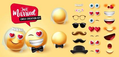 conjunto de vectores de creador de bodas de emojis. Kit de personajes de emojis 3d con pareja casada con velo y lazo en la cara editable para el diseño de creación de marido y mujer de emoticonos de amante. ilustración vectorial.