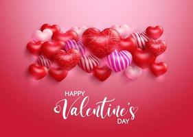 Diseño de fondo de vector de San Valentín. Texto de saludo de feliz día de San Valentín con elementos de lindo elemento de corazón 3d con patrón para el diseño de celebración de San Valentín. ilustración vectorial