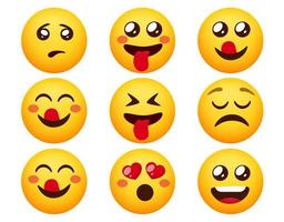 conjunto de vectores de caracteres emoticonos. emoticonos personajes de emoción con una reacción de humor facial feliz, loca y linda para el diseño de expresión facial emoji. ilustración vectorial.