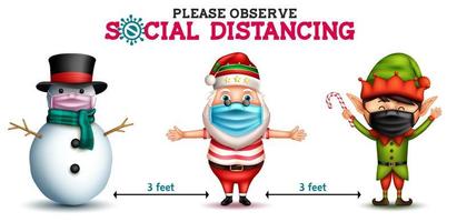 Christmas social distancing vector design. Social distancing text with santa claus, elf and snowman 3d characters wearing face mask for xmas safety campaign. Vector illustration.