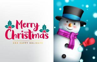 Christmas snowman vector template design. Merry christmas greeting text in white space with waving friendly snow man character for xmas winter card. Vector illustration.