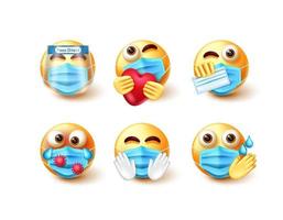 Emoji covid-19 vector set. Emojis character in 3d with new normal safety guidelines elements like face masks, face shield and gloves for pandemic prevention avatar collection design.