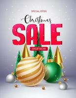 Christmas sale vector poster design. Christmas sale 3d text with special offer business promotion for xmas holiday seasonal discount promo. Vector illustration