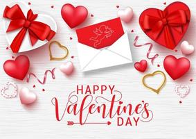 Valentines day vector background template. Happy valentines day greeting typography with valentine elements of letter, gifts, hearts and confetti in white wood texture background.